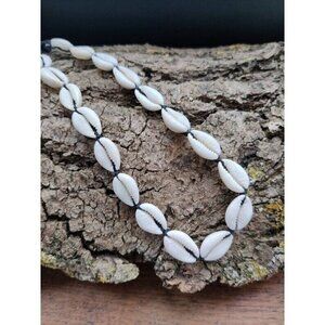 White Cowrie Shell Choker Necklace Black Cord Beach Jewelry